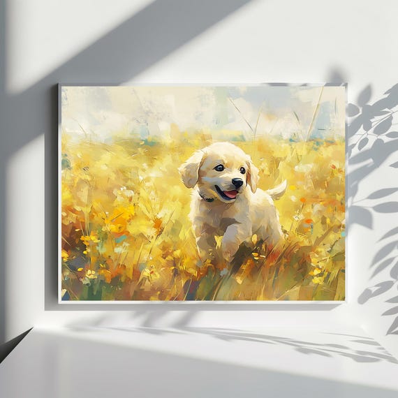Golden Retriever Puppy In Sunlit Meadow Wall Art Cute Dog Canvas Print Animal Lovers Gift Nature Inspired Home Decor