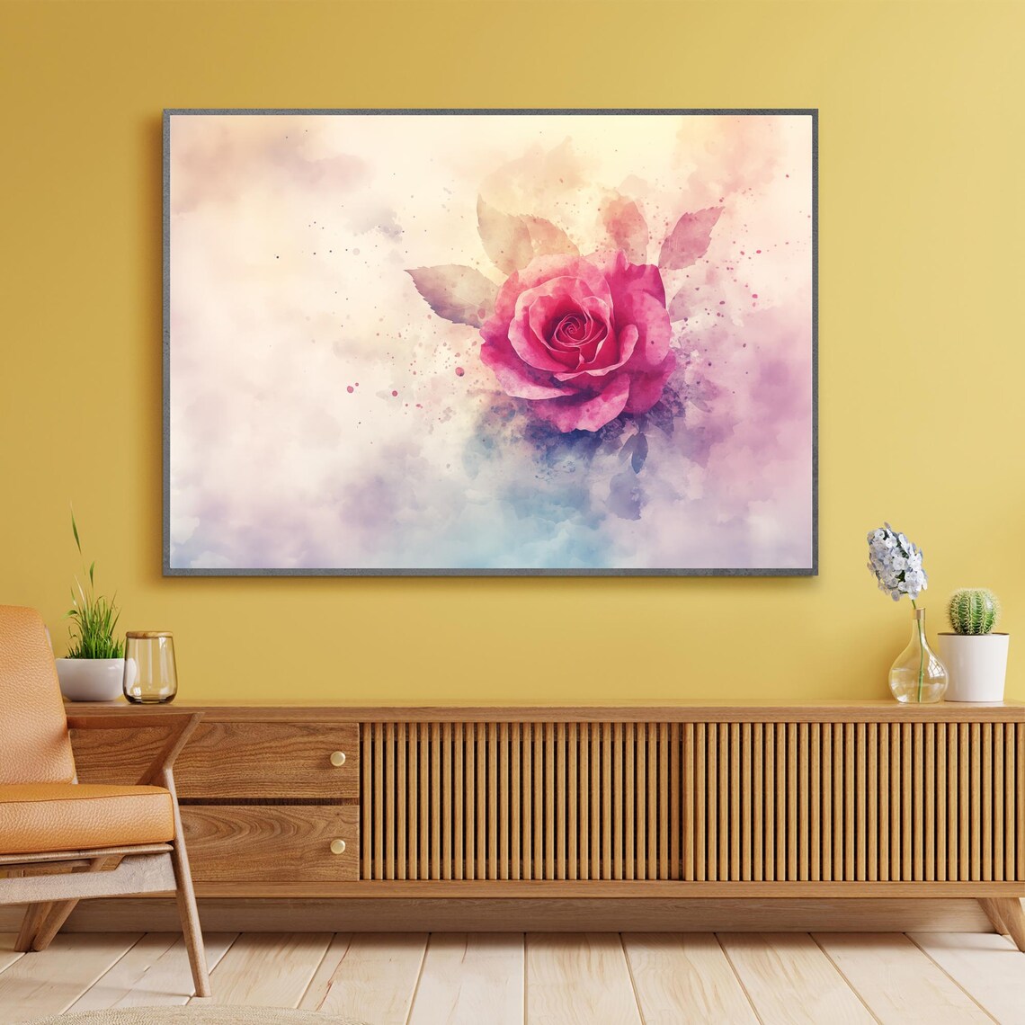 Pink Rose Watercolor Splash Abstract Floral Romantic Wall Art