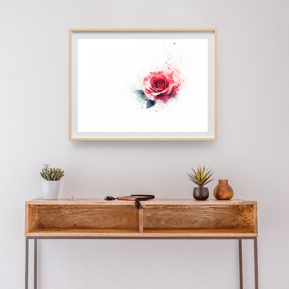 Single Red Rose Watercolor Splash Minimalist Flower Painting Poster