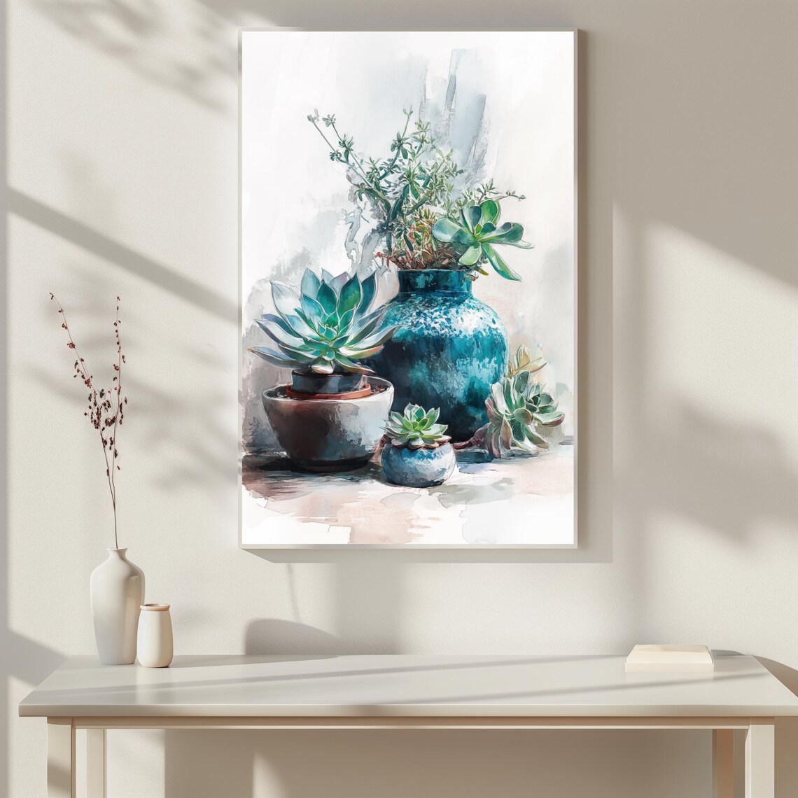 Beautiful Succulents In Blue Pots Watercolor Botanical Plant Wall Art