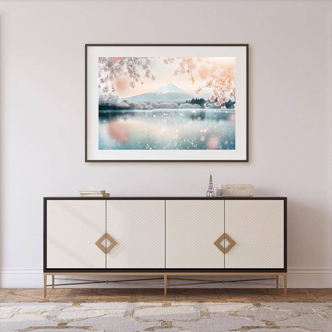 Mount Fuji Dreamy Lake Cherry Blossom Watercolor Landscape Wall Art