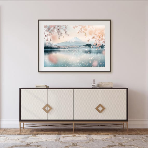 Cherry Blossom Landscape Wall Art Mount Fuji Lake Scene Modern Home Decor Japanese Inspired Artwork Pink Flower Canvas Print