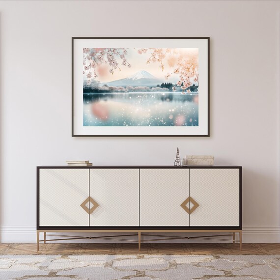 Mount Fuji Dreamy Lake Cherry Blossom Watercolor Landscape Wall Art