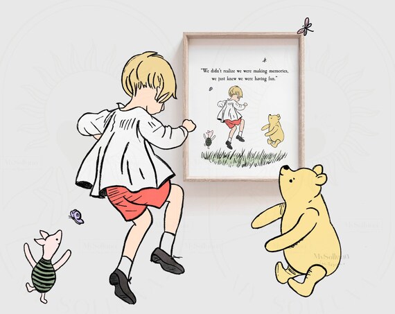 We Were Having Fun Pooh Christopher Robin Piglet Colored Nursery Poster