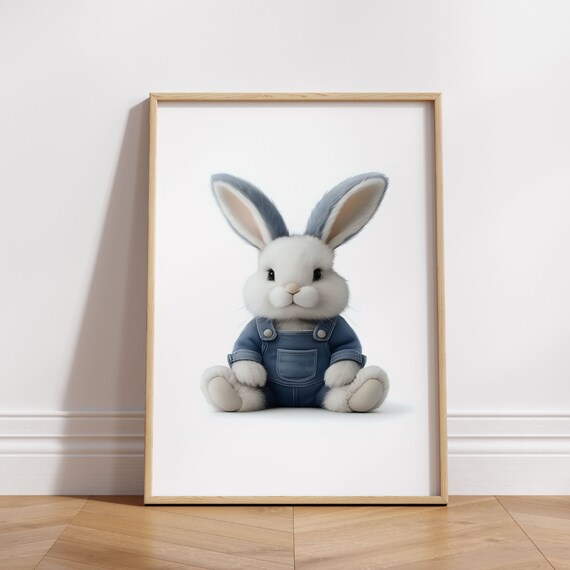 Adorable Baby Bunny in Denim Overalls Sweet Nursery Animal Poster