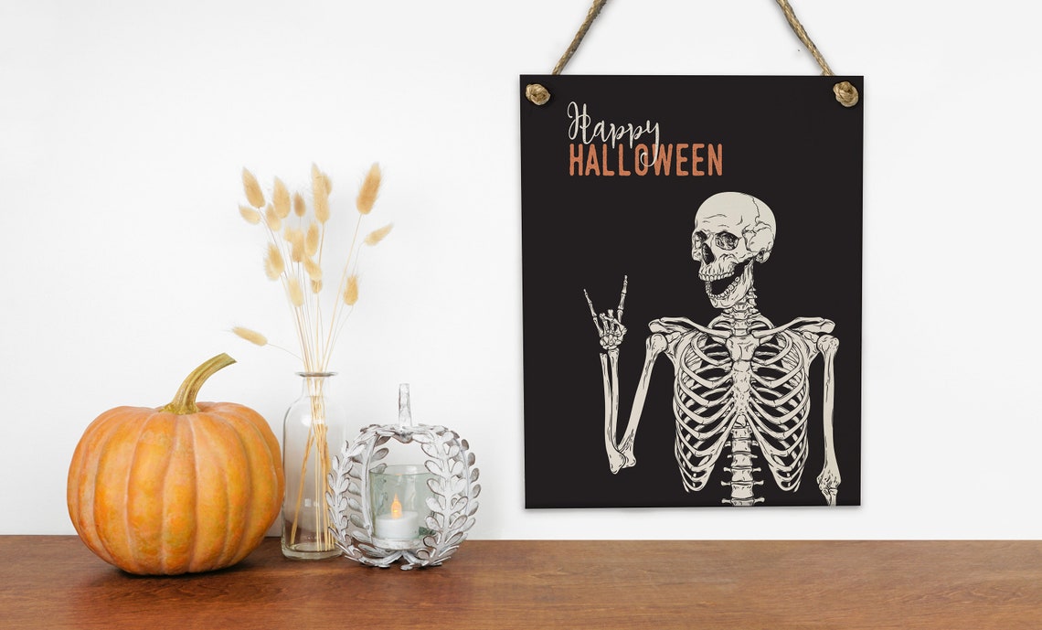 Happy Halloween Rock On Skeleton on Black Spooky Decor Poster - Image 2
