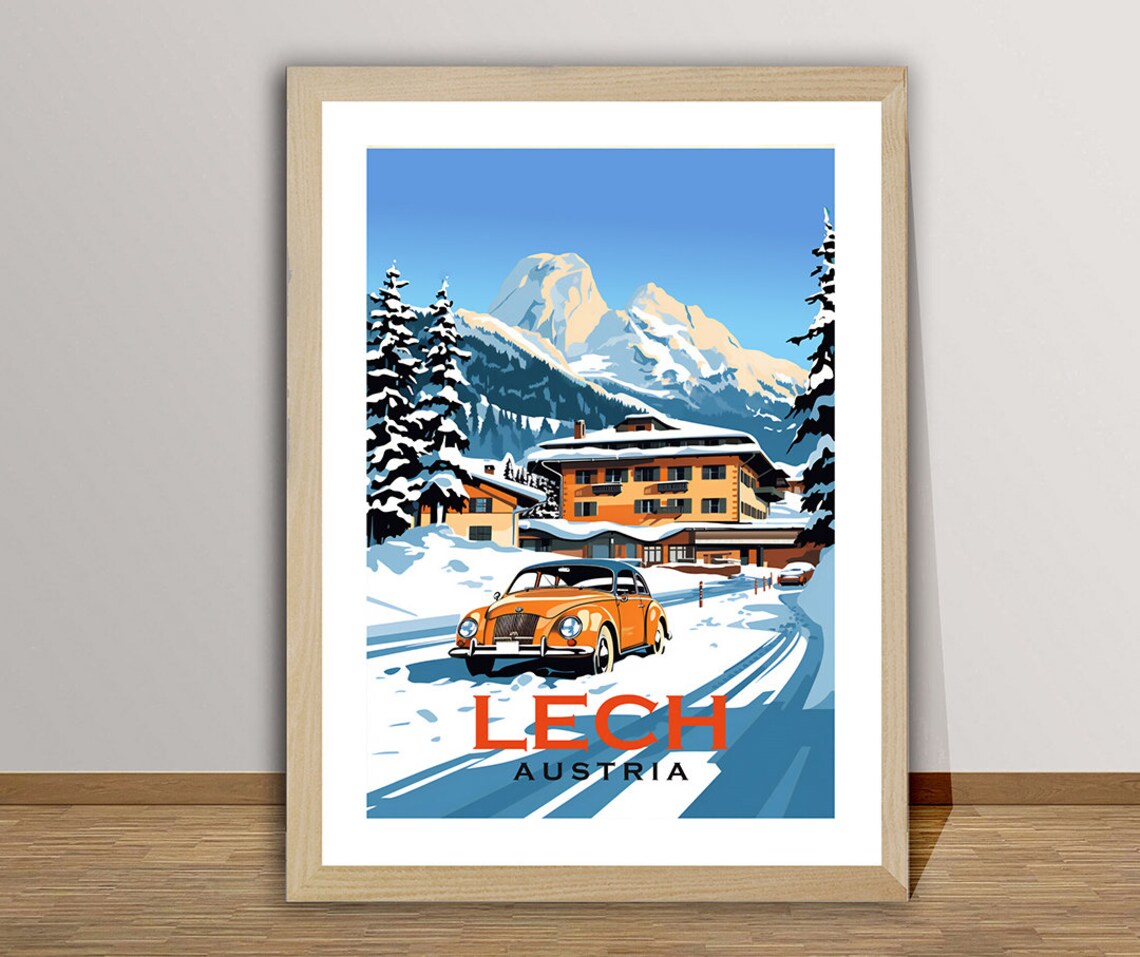 Lech Austria Vintage Car Snowy Alpine Road Winter Travel Poster