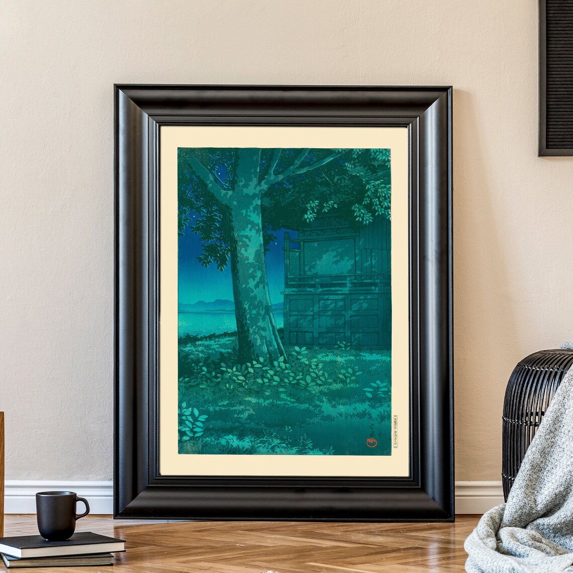 Japanese Night Tree Shrine Dark Blue Woodblock Style Art Poster - Image 2