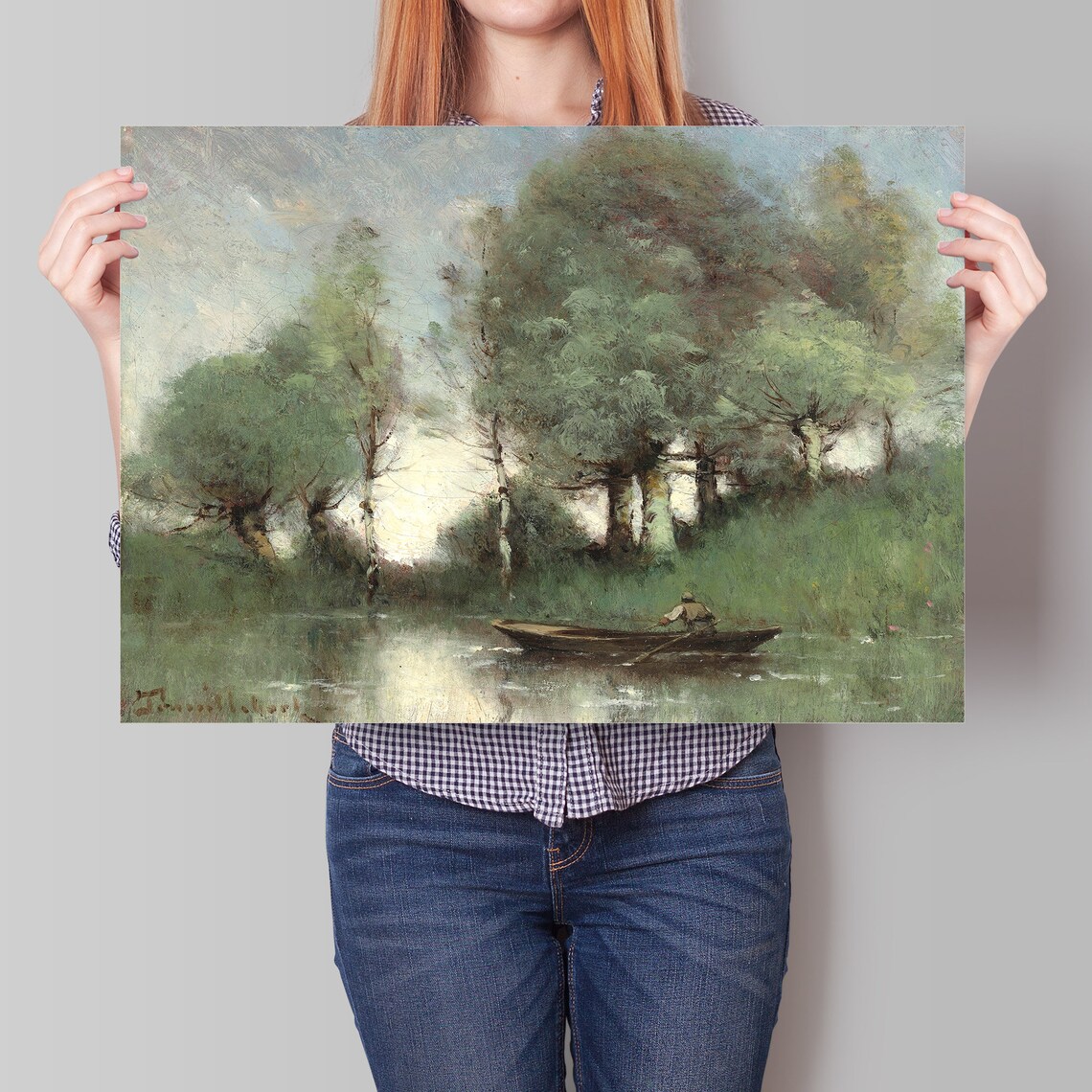 Vintage Oil Painting River Rower Wooden Boat Calm Water Art Poster - Image 4