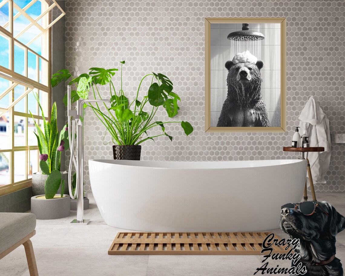 Bear Taking a Shower with Soap Foam Funny Bathroom Black and White Poster - Image 3