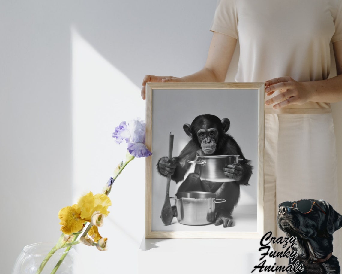 Chimpanzee Cooking with Pots and a Wooden Spoon Funny Kitchen Poster - Image 3