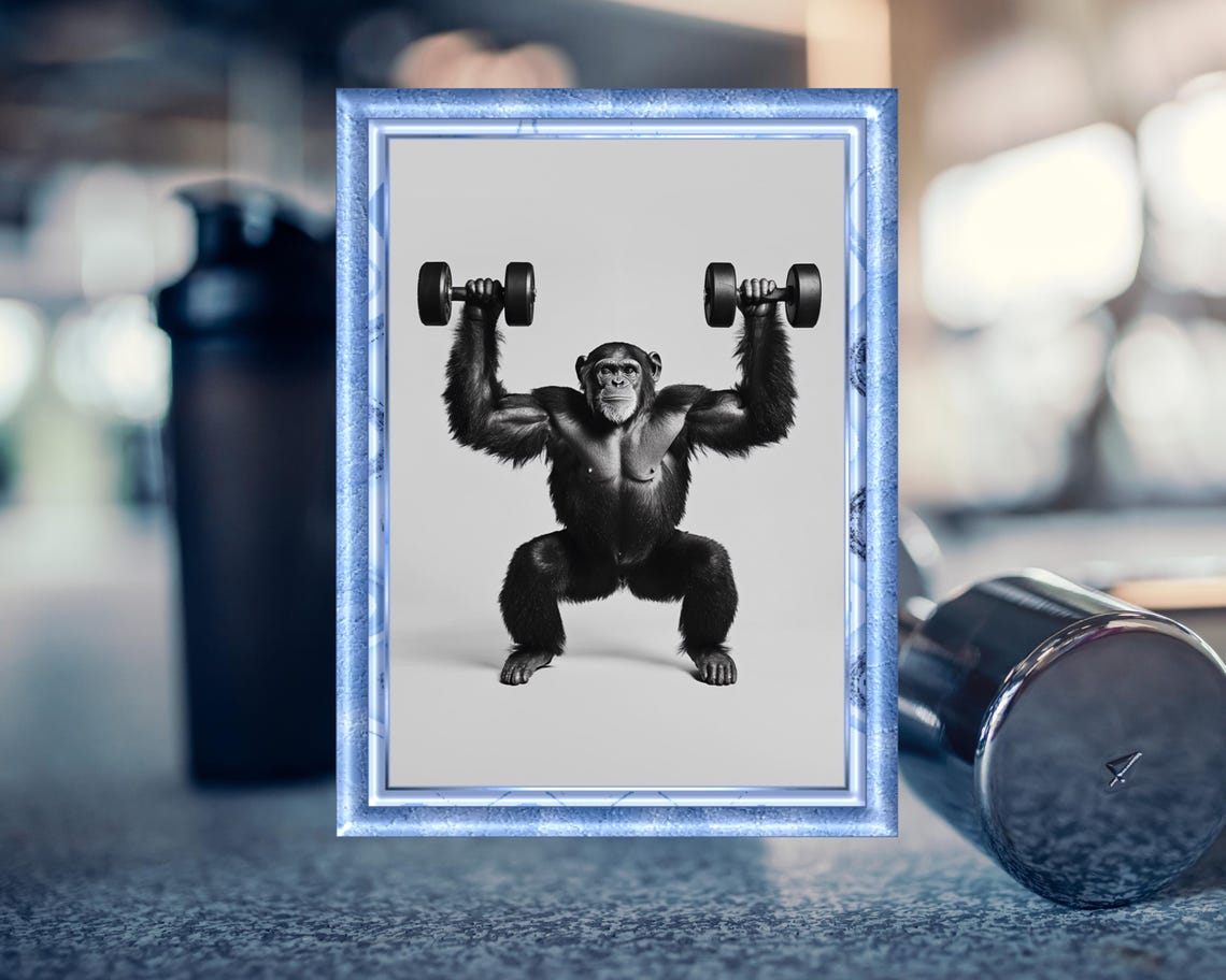 Chimpanzee Lifting Dumbbells Funny Gym Workout Black and White Poster