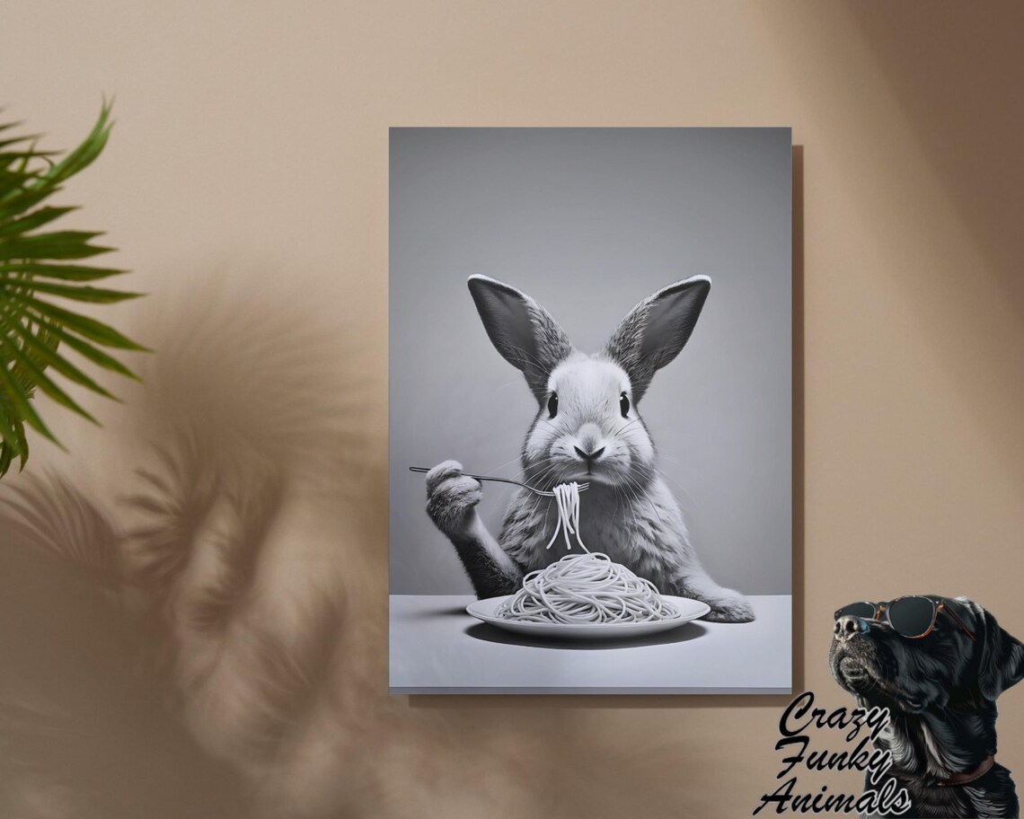 Rabbit Eating Spaghetti with a Fork Funny Kitchen Black and White Poster - Image 2