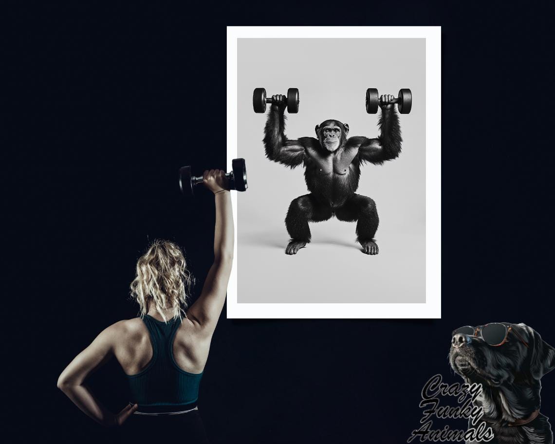 Chimpanzee Lifting Dumbbells Funny Gym Workout Black and White Poster - Image 3