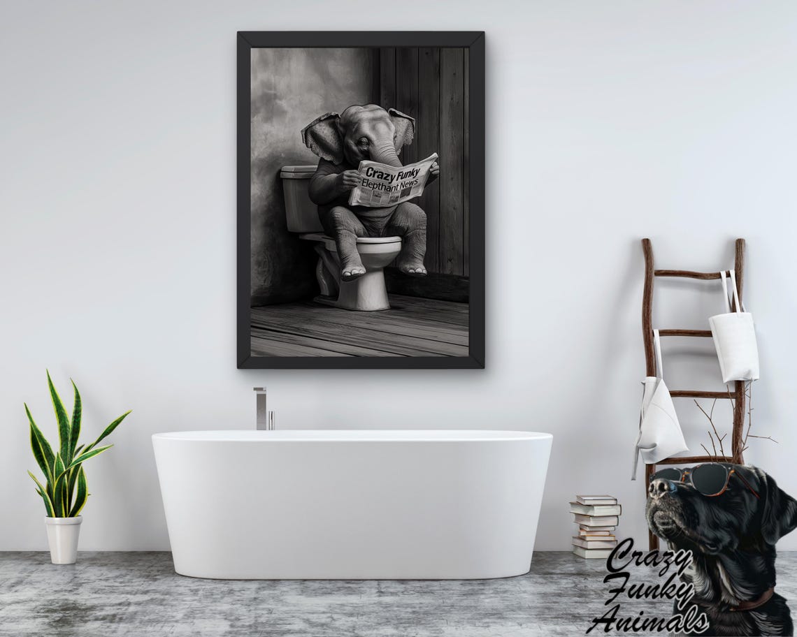Baby Elephant Reading a Newspaper on the Toilet Funny Poster - Image 3