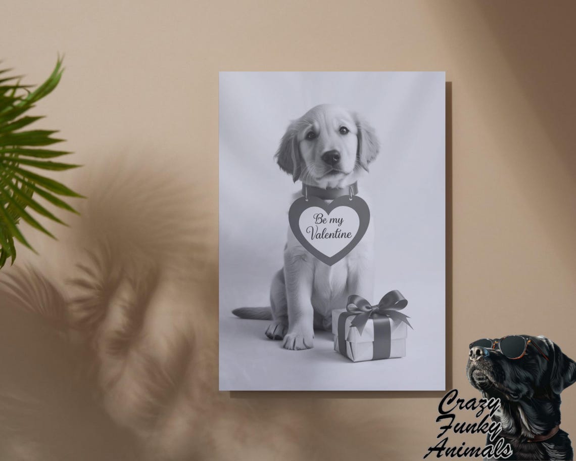 Puppy with Be My Valentine Heart Tag and Gift Box Funny Poster - Image 2