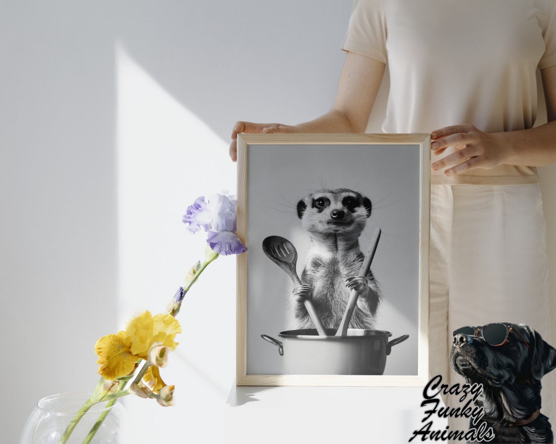 Funny Meerkat Cooking with a Pot and Wooden Spoons Kitchen Poster - Image 3