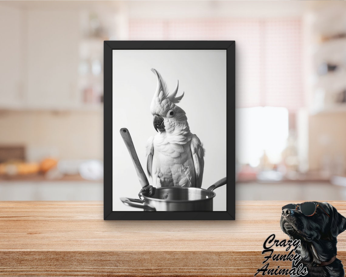 Funny White Cockatoo Cooking with a Wooden Spoon and Pot Poster - Image 2