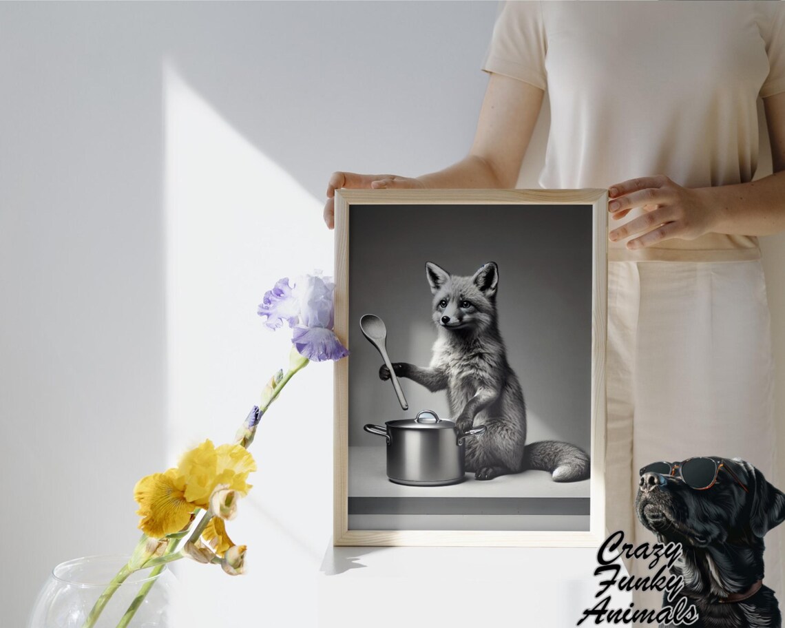 Fox Stirring a Pot with a Wooden Spoon Funny Kitchen Black and White Poster - Image 3