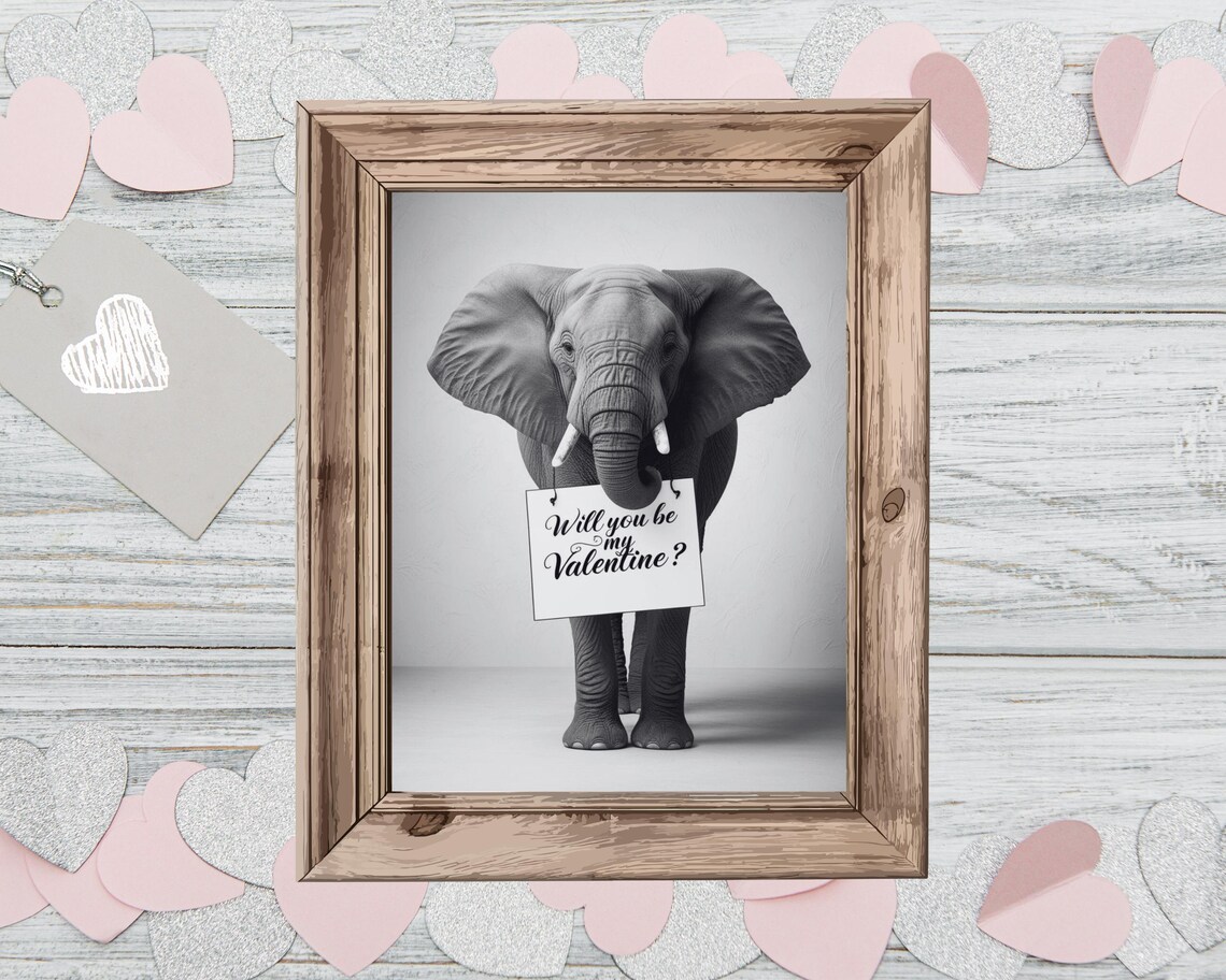 Elephant Holding Will You Be My Valentine Sign Black and White Poster