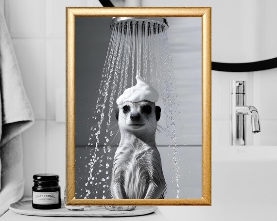 Funny Meerkat Shower Poster Meerkat Under The Shower Humorous Animal Art Bathroom Wall Decor