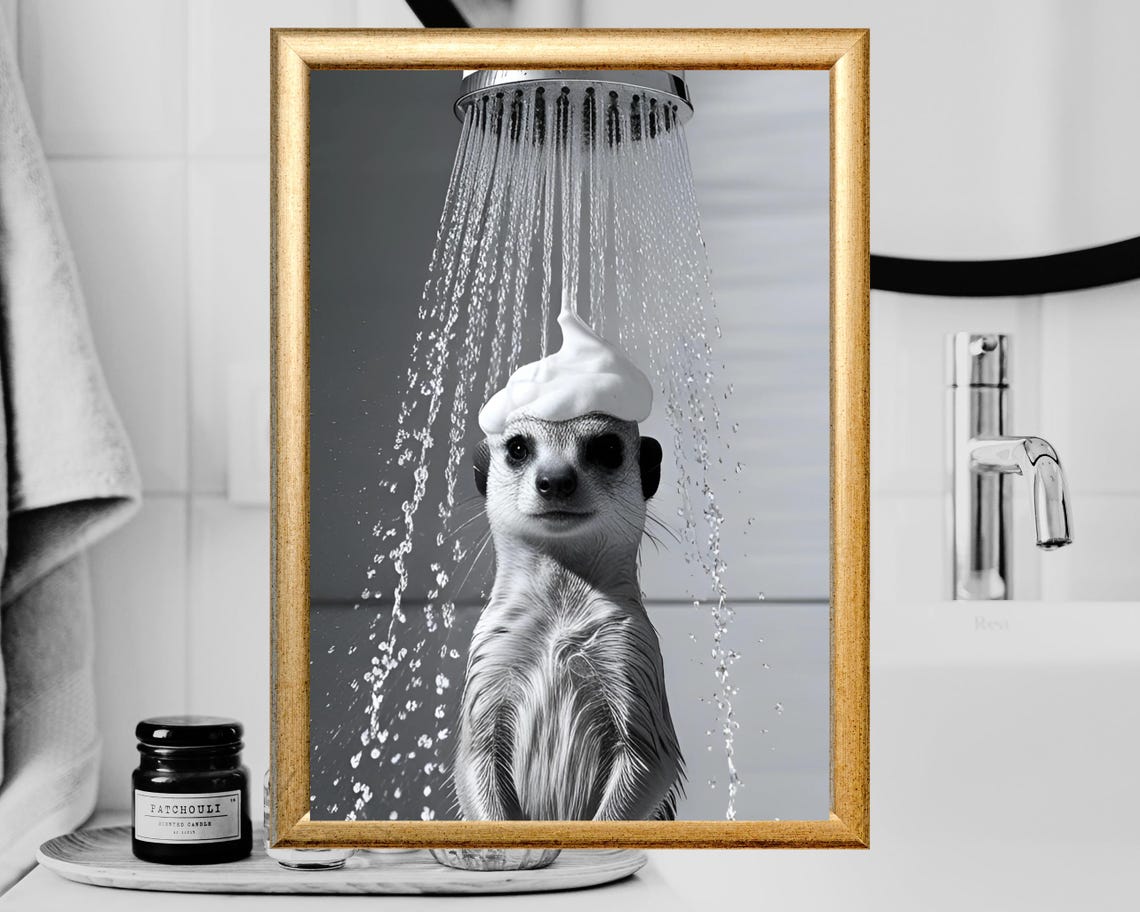 Meerkat Taking a Shower With Soap Foam Funny Bathroom Poster
