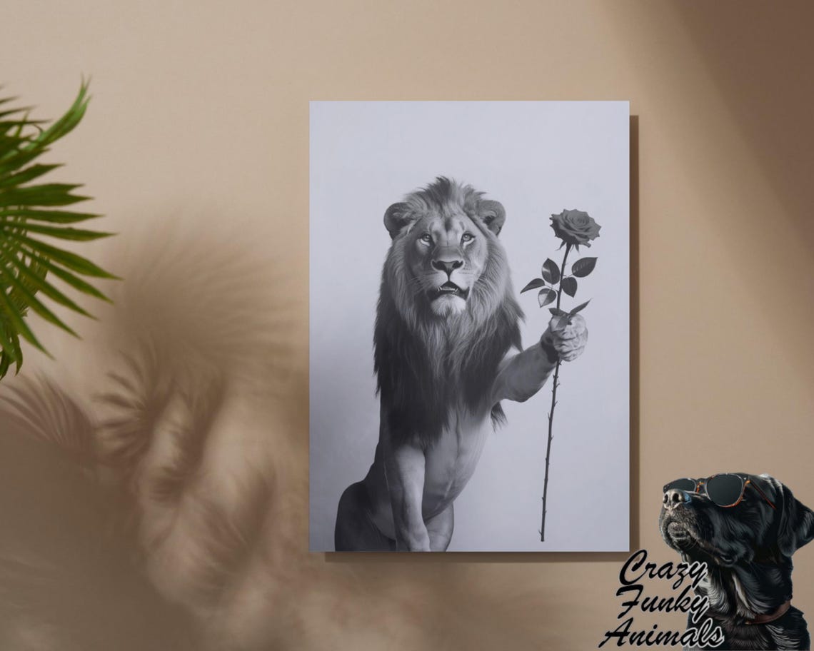Lion Holding a Dark Rose Elegant Romantic Black and White Poster - Image 2
