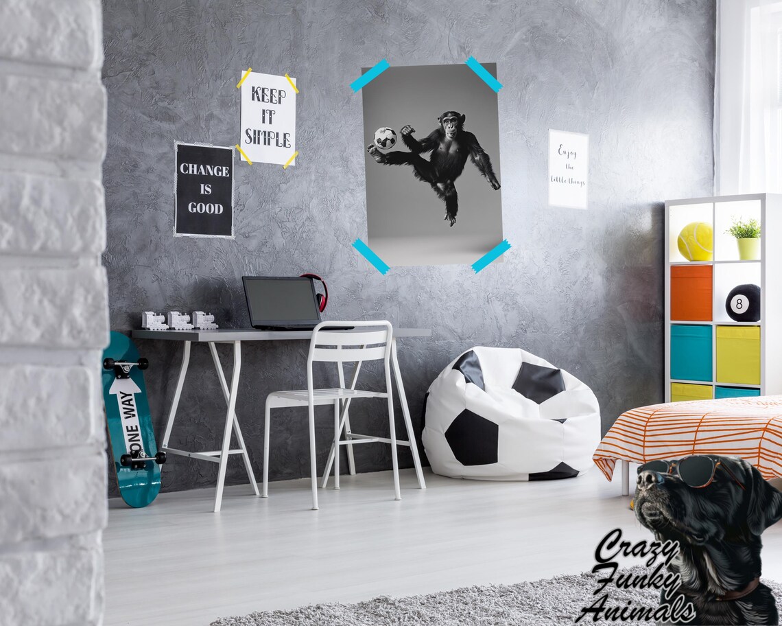 Chimpanzee Kicking a Soccer Ball Mid Air Funny Sports Black and White Poster - Image 2