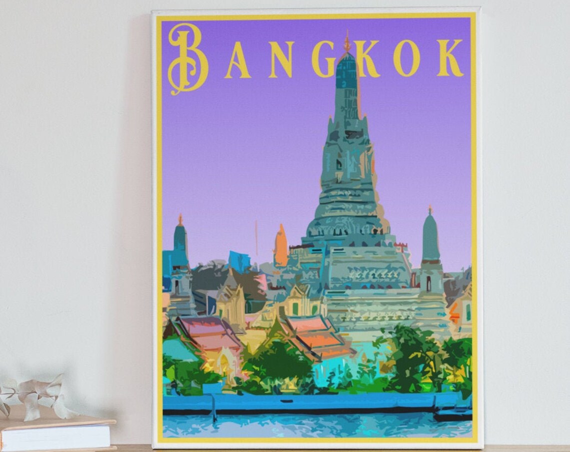 Bangkok Thailand Riverside Temple Spires Vintage Travel Poster