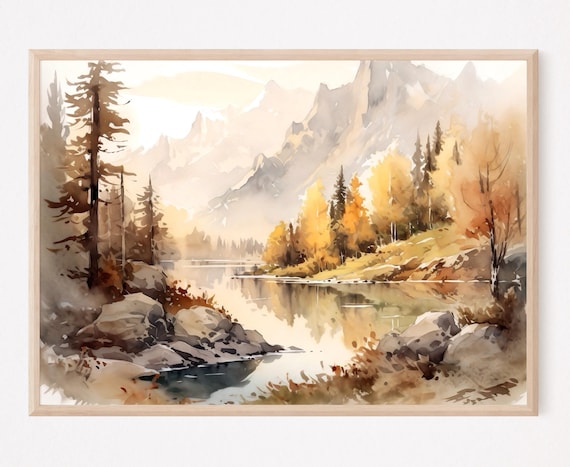 Autumn Mountain Lake with Golden Trees Watercolor Landscape Poster