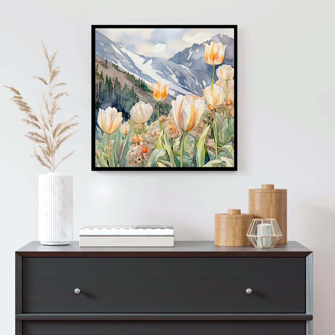 White Tulips Orange Blossoms Snowy Mountains Watercolor Wall Art - Image 3