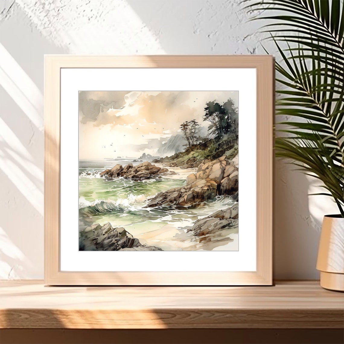 Rocky Ocean Coast Green Waves Crashing Watercolor Seascape Poster - Image 3