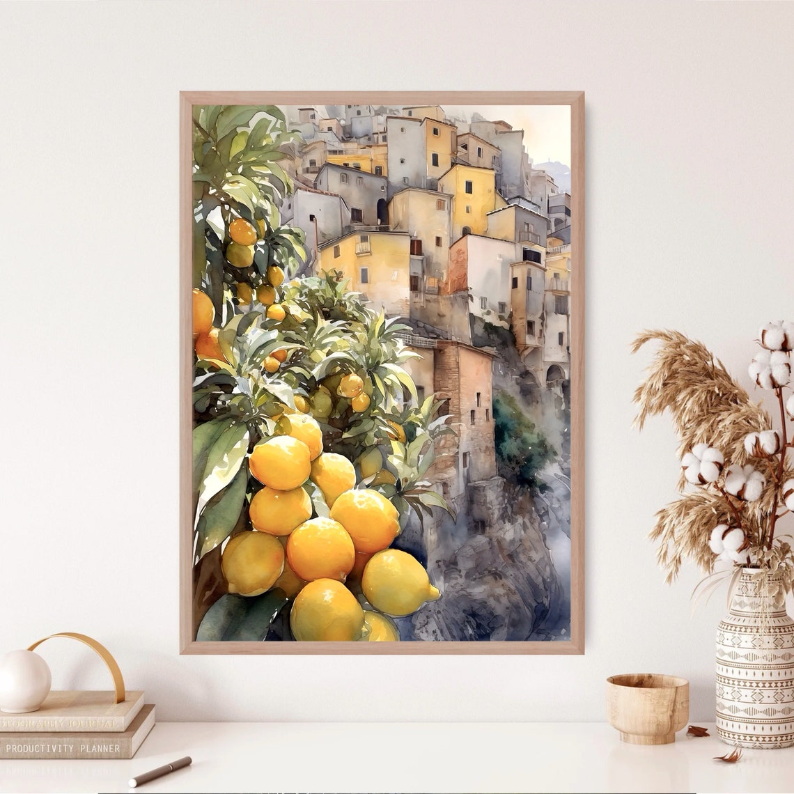 Italian Cliffside Town Lemon Grove Watercolor Art Scene Poster - Image 3