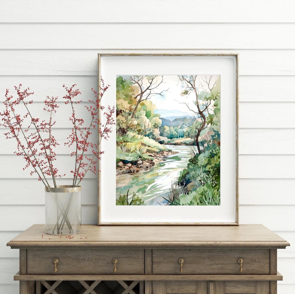 Green River Through Summer Forest Watercolor Nature Art Poster - Image 3