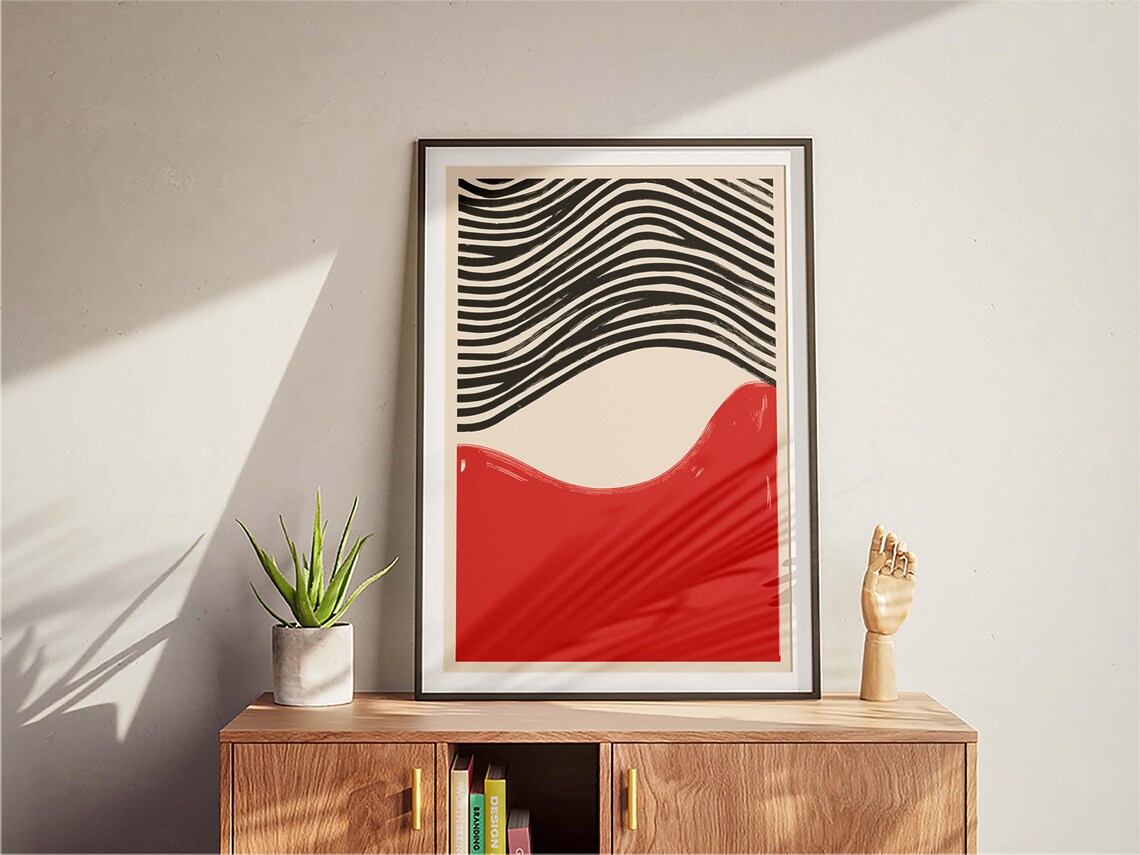 Bold Black Waves Over Red Abstract Mid Century Modern Poster - Image 3