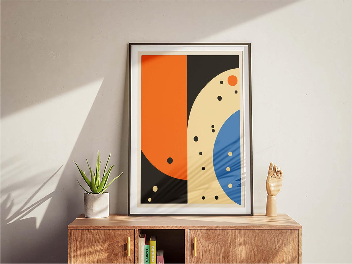Bold Geometric Orange Blue Black Abstract Mid Century Modern Poster - Image 3