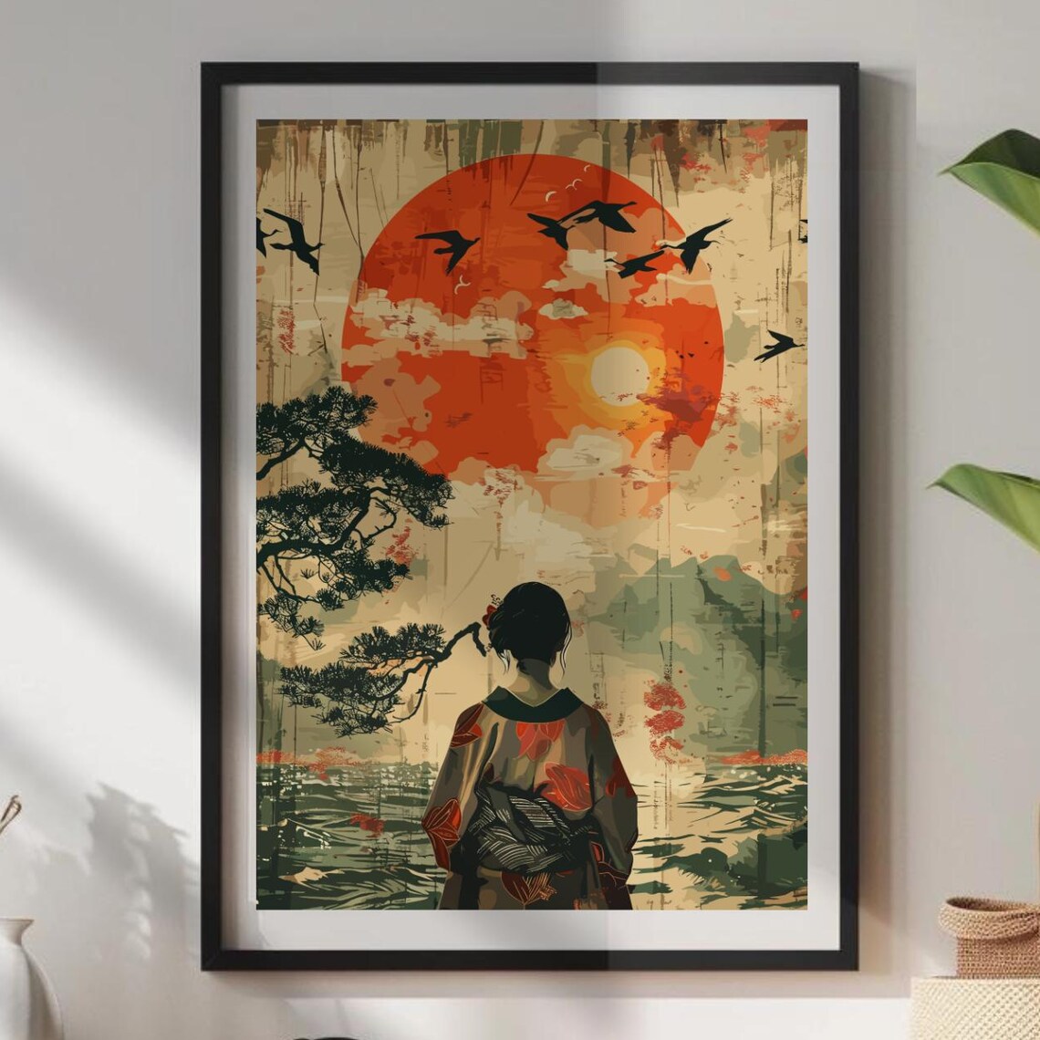 Japanese Woman In Kimono Red Sun Serene Traditional Art Poster