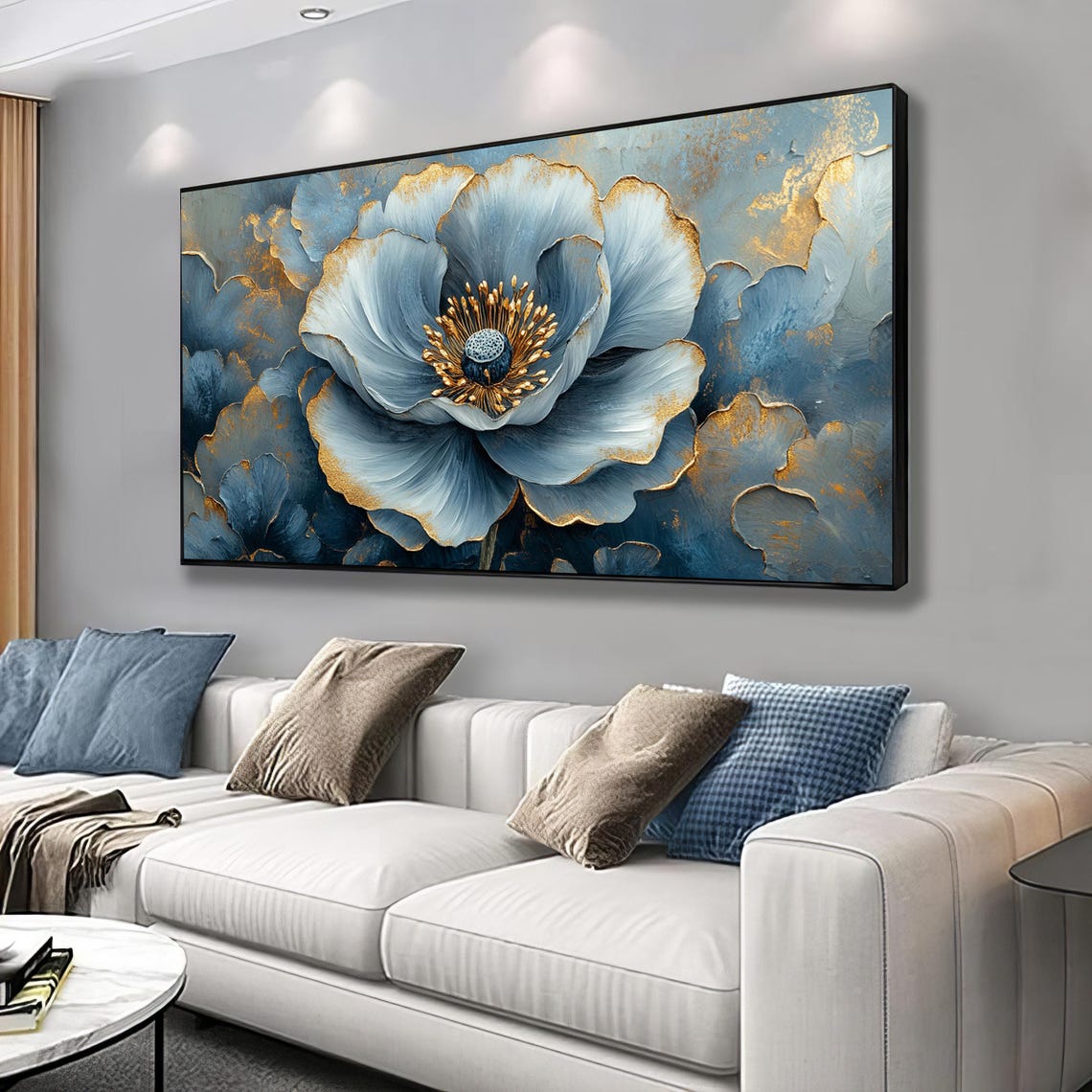 Blue Rose Gold Edges Textured 3D Floral Elegant Botanical Art Print