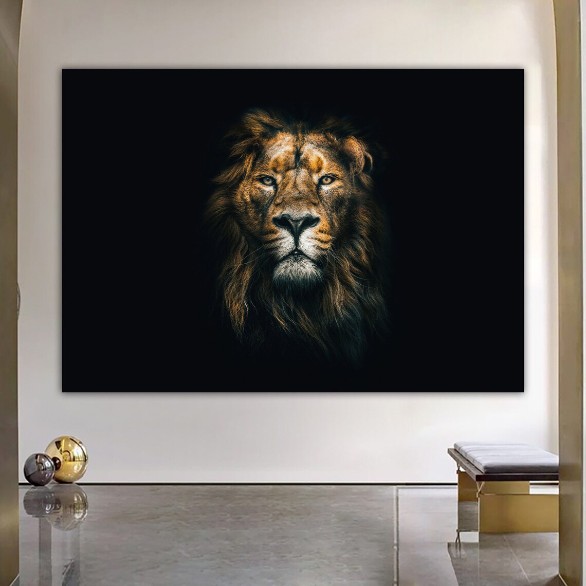 Majestic Lion Portrait On Black Background Dramatic Golden Wall Art