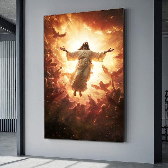 Jesus Ascending Into Heaven Fiery Golden Angels Christian Art Poster