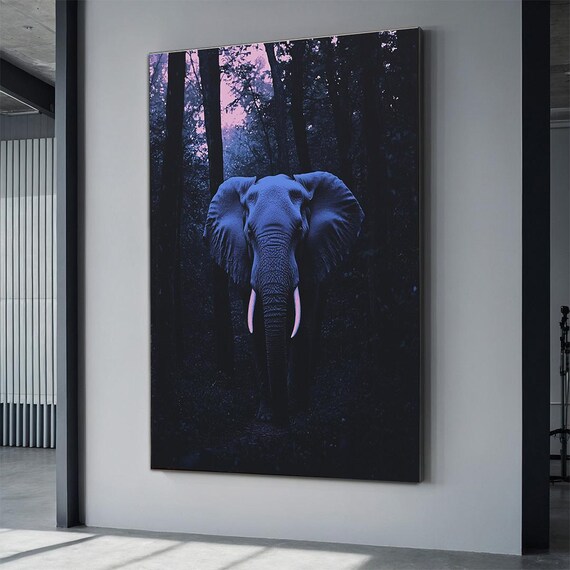 Elephant Emerging Dark Blue Forest Dusk Moody Wildlife Art Poster