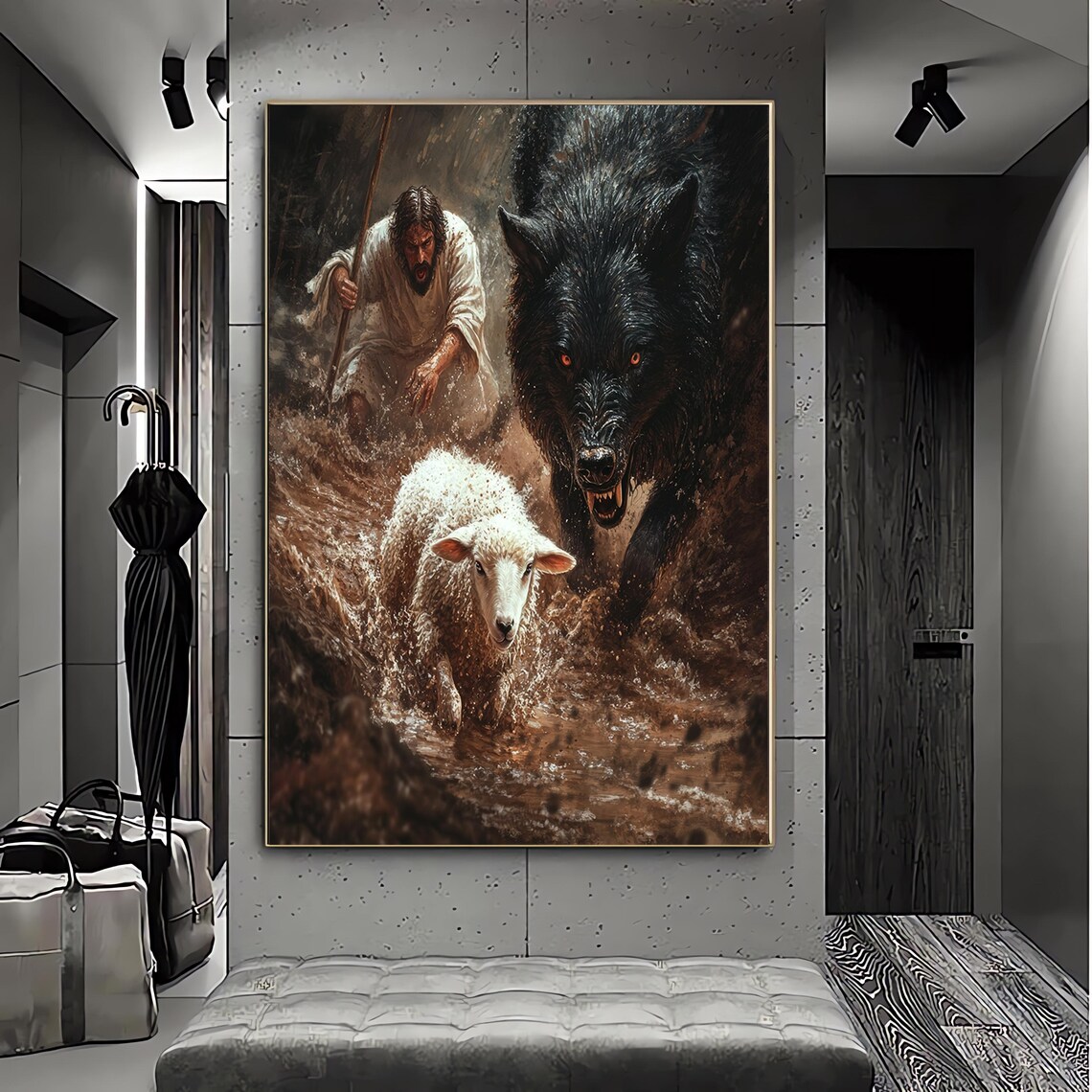 Jesus Good Shepherd Rescuing Lamb From Wolf Faith Christian Wall Art Print