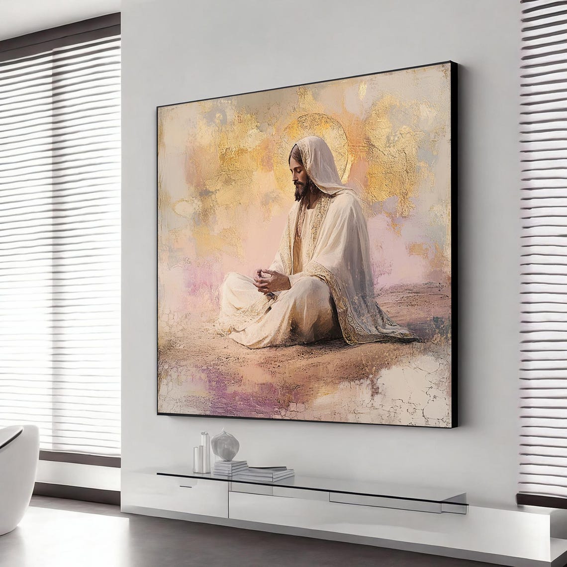 Jesus Praying Desert White Robes Golden Halo Christian Art Poster