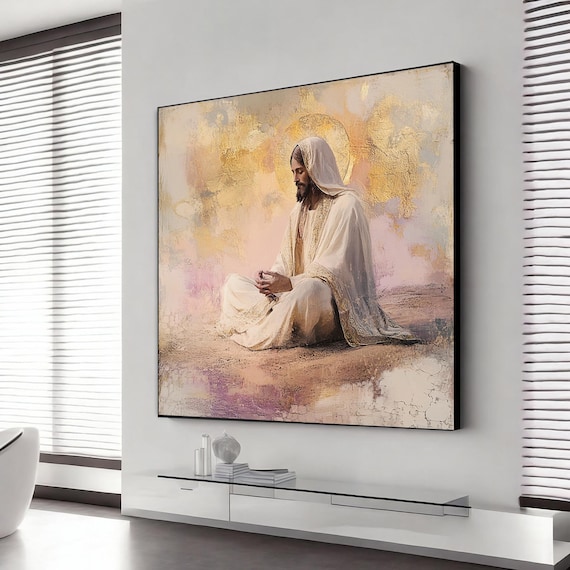 Jesus Praying Desert White Robes Golden Halo Christian Art Poster