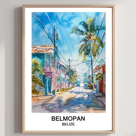 Belmopan Belize Colorful Caribbean Street Palm Trees Watercolor Poster