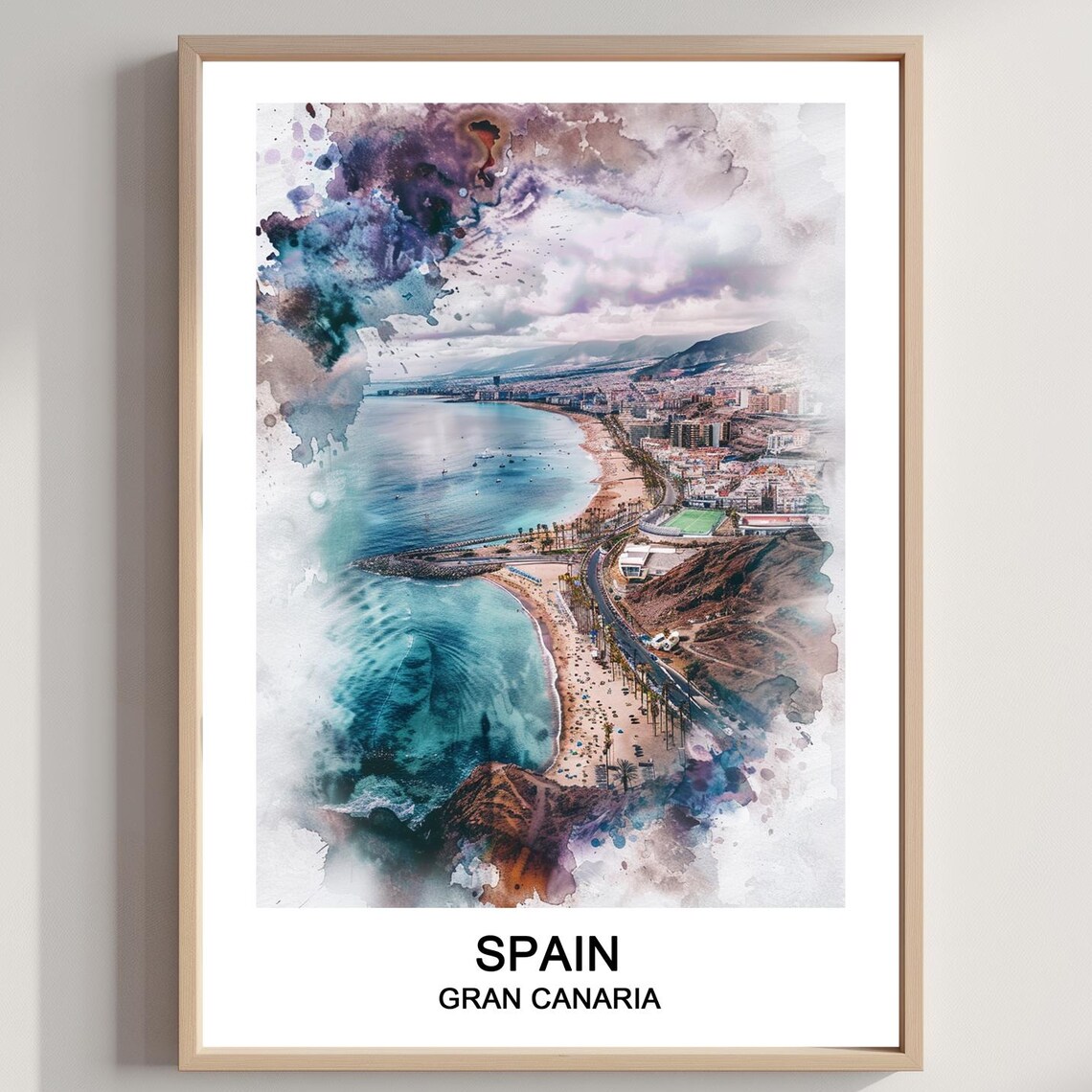 Spain Gran Canaria Golden Beach Coast Watercolor Travel Art Poster