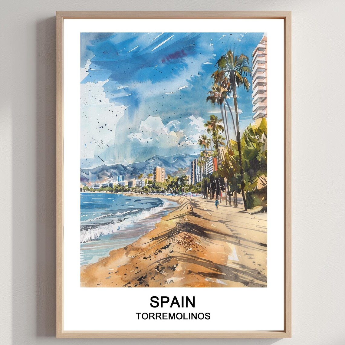 Spain Torremolinos Beach Promenade Palms Watercolor Travel Poster