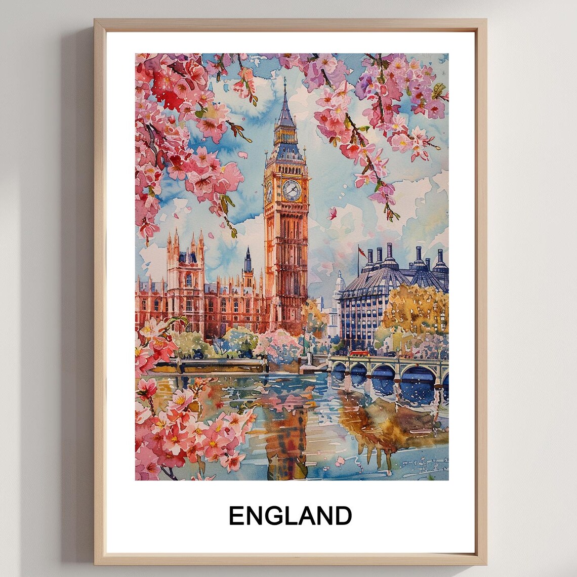 Big Ben London England Cherry Blossom Thames Spring Watercolor Poster