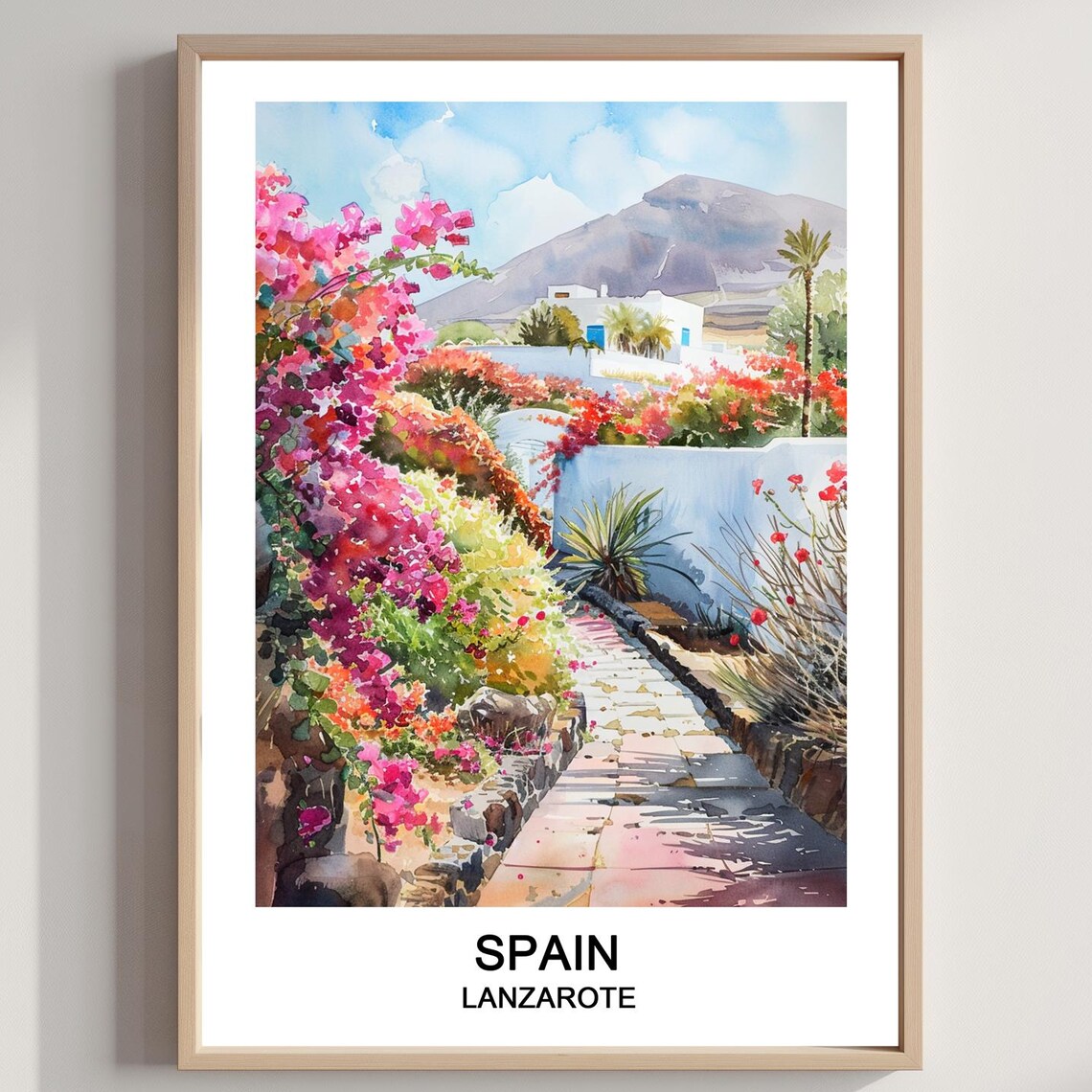 Spain Lanzarote Bougainvillea Street Watercolor Travel Poster