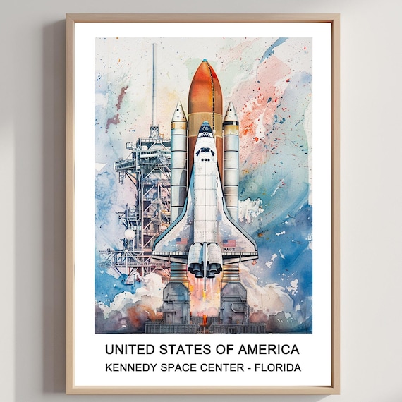 Kennedy Space Center Florida Shuttle Launch Watercolor Travel Poster